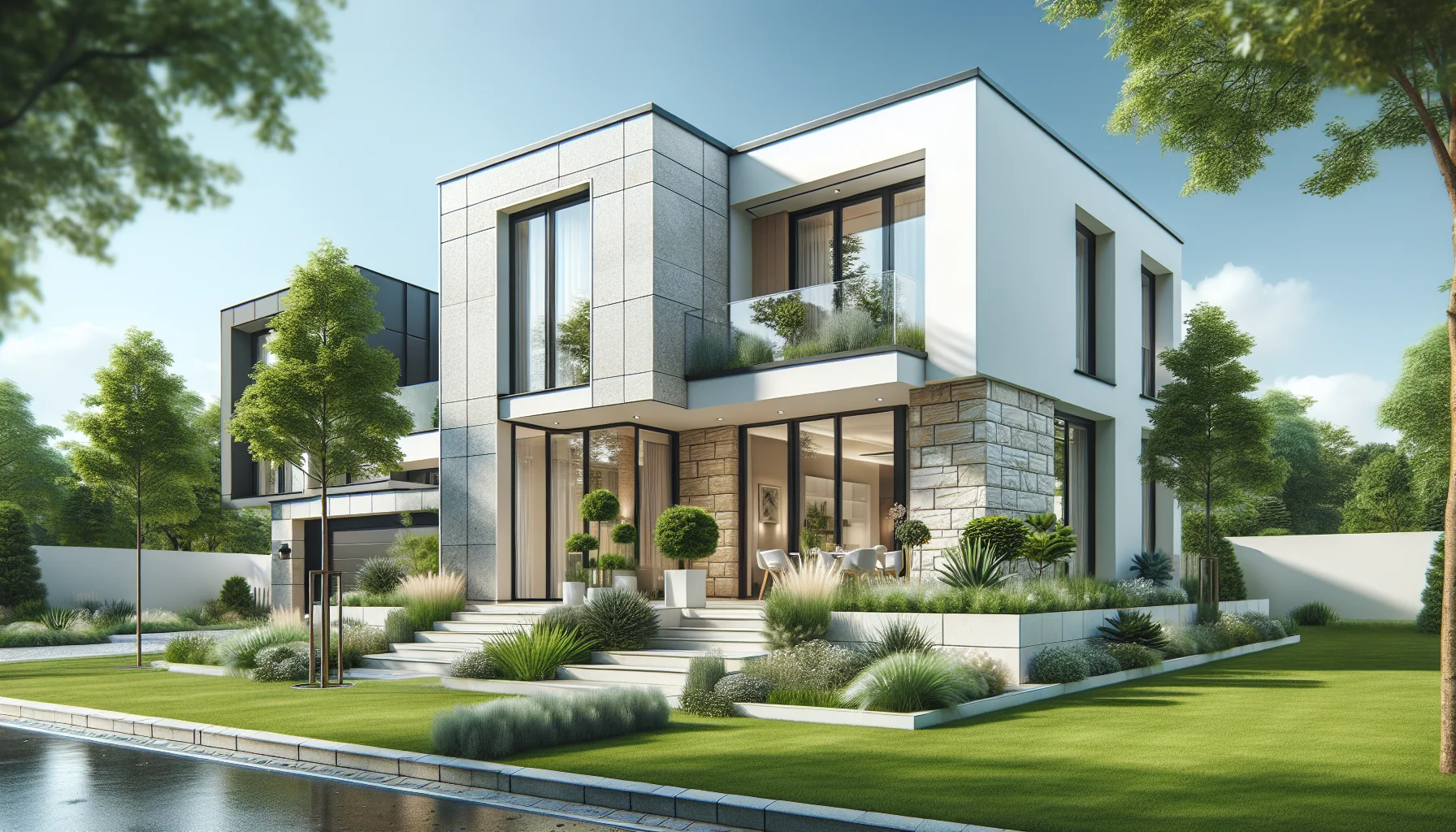 Moderne Stadtvilla Fertighaus mit eleganter Fassade und großen Fenstern