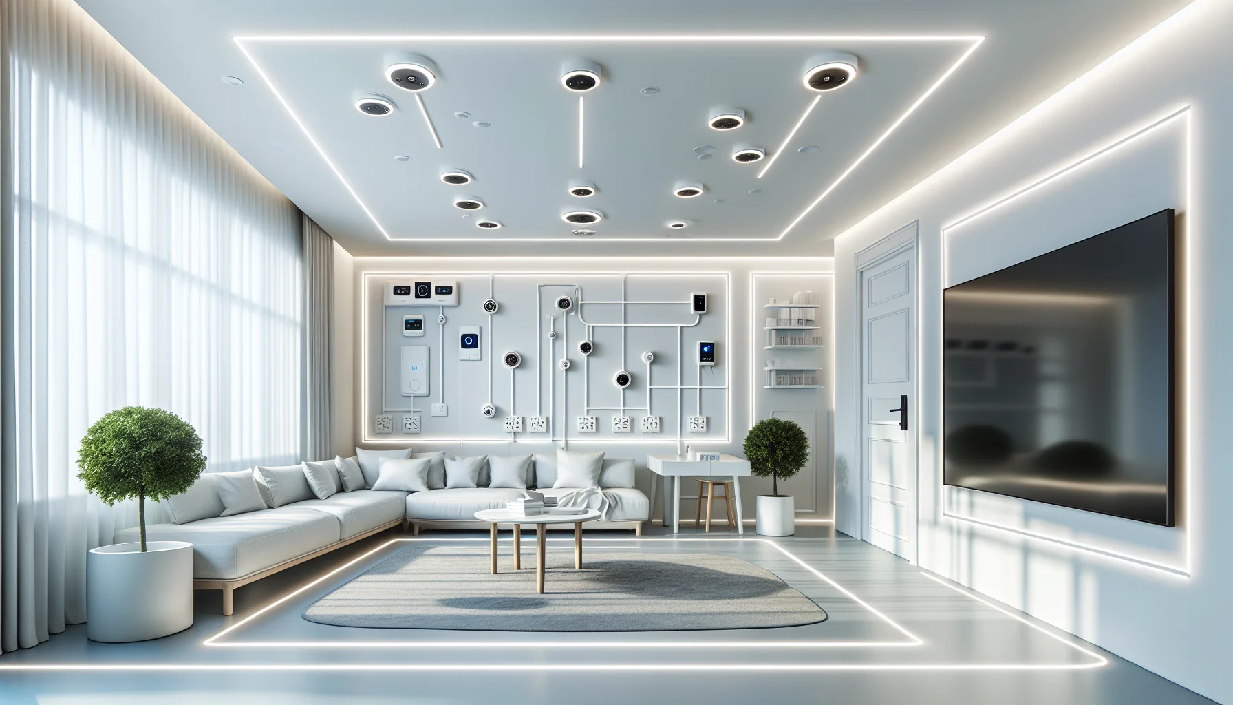 Moderner Wohnraum nach abgeschlossener Elektrosanierung mit neuen Steckdosen und LED-Beleuchtung