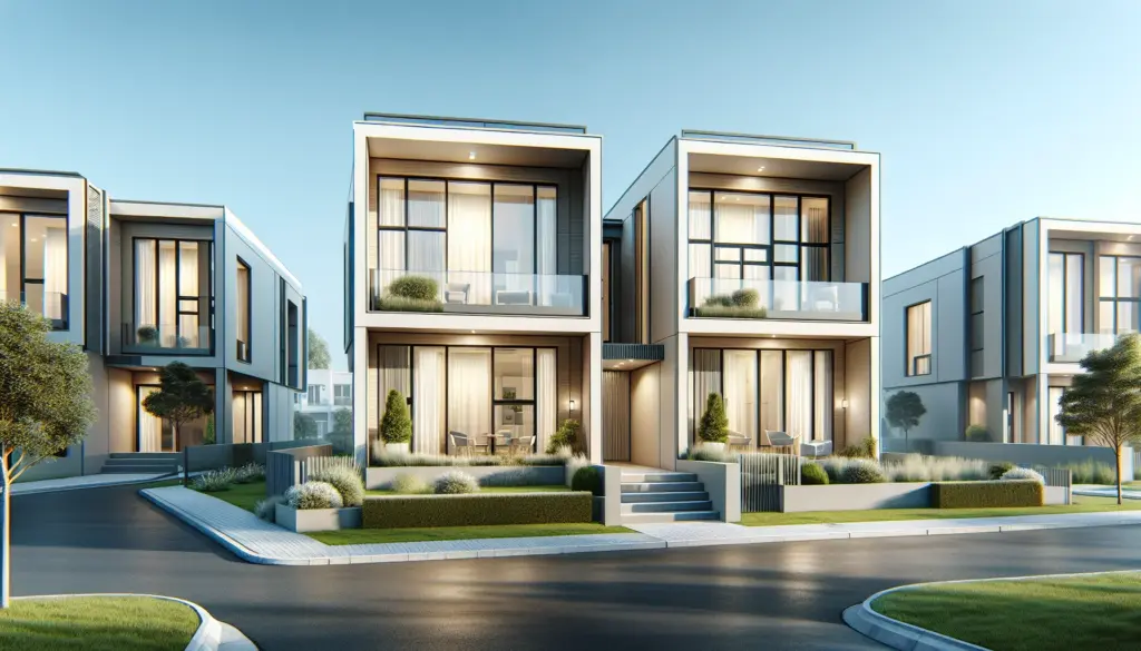 Modernes Doppelhaus Fertighaus mit symmetrischer Architektur