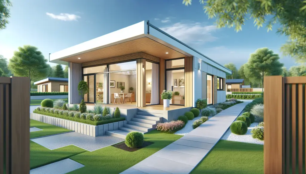 Modernes einstöckiges Bungalow Fertighaus mit großen Fenstern und barrierefreiem Zugang
