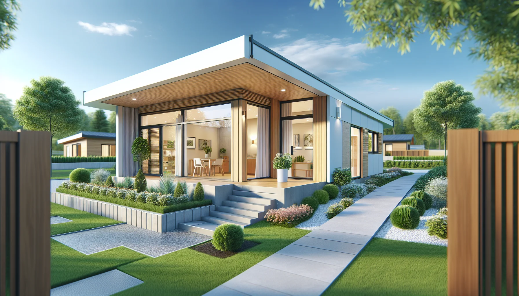 Modernes einstöckiges Bungalow Fertighaus mit großen Fenstern und barrierefreiem Zugang