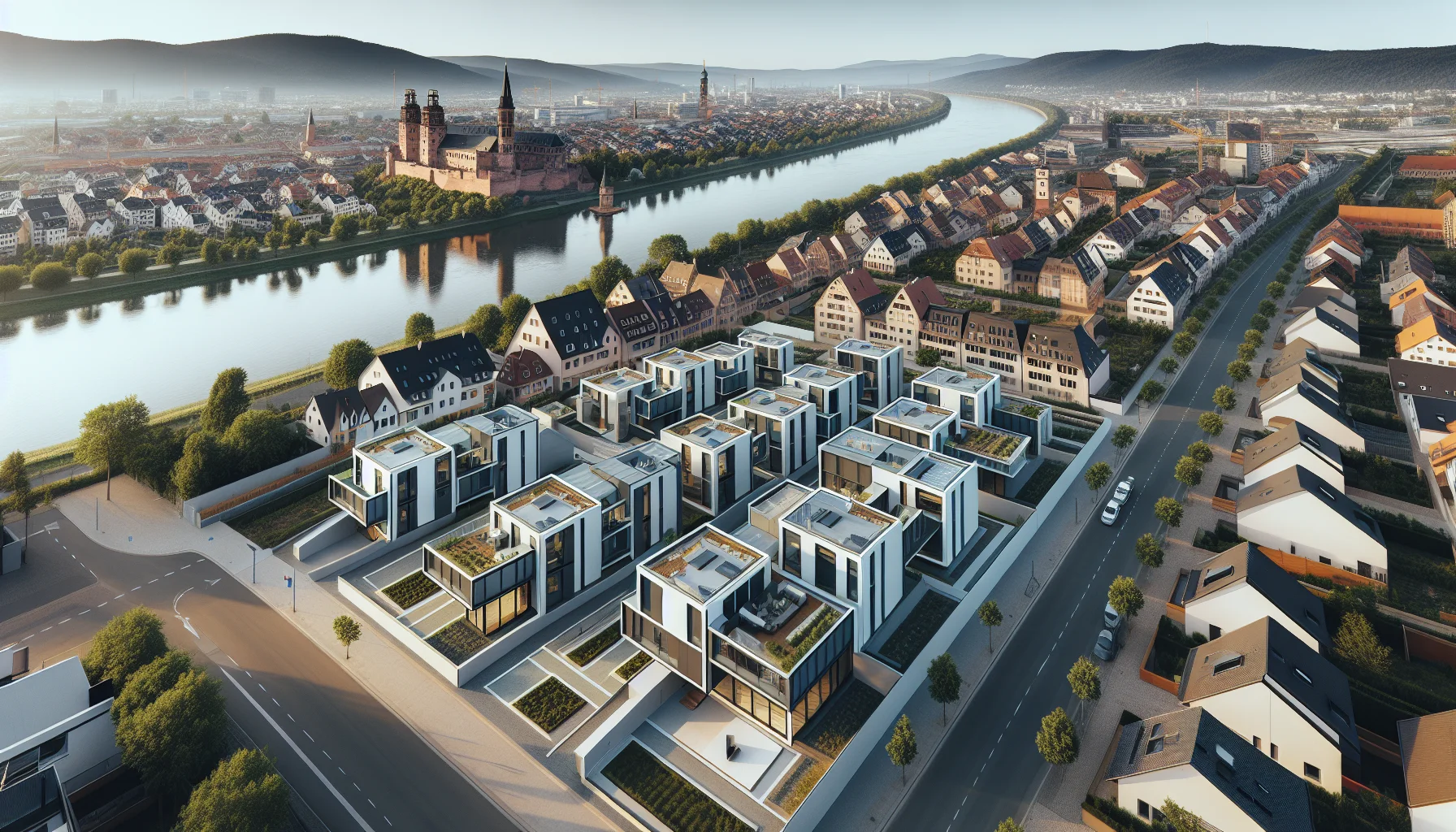 Modernes Fertighaus in Heidelberg mit Blick auf Schloss und Neckar