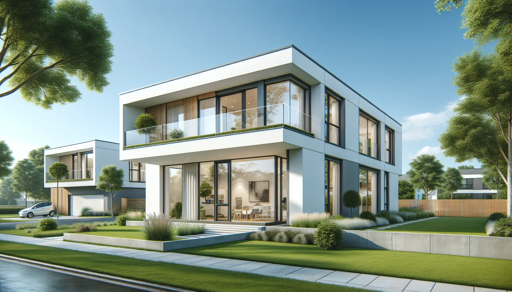 Modernes Fertighaus in Saarbrücken mit großen Fenstern und gepflegtem Garten