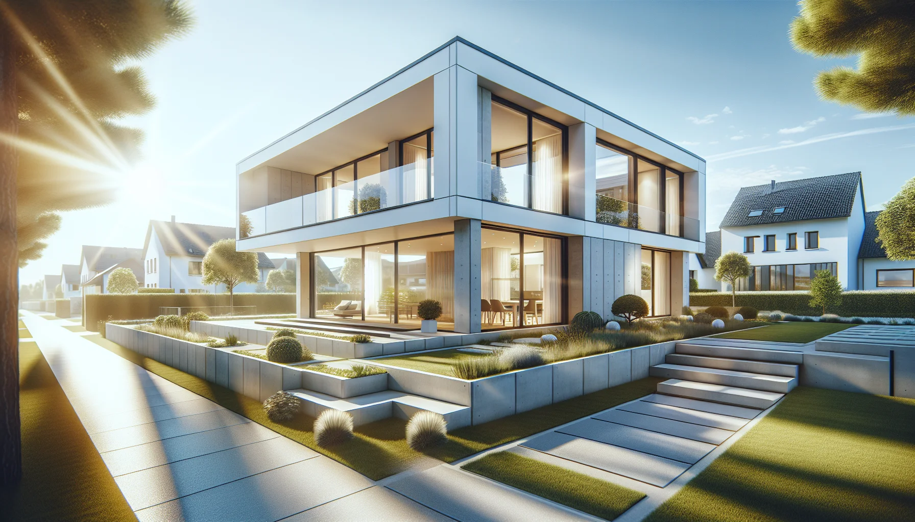 Modernes Fertighaus in Wiesbaden mit zeitgenössischer Architektur und großen Fenstern