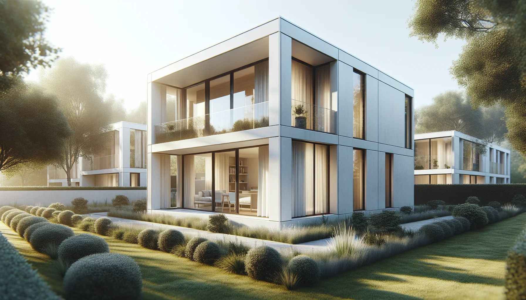 Modernes schlüsselfertiges Fertighaus mit weißer Fassade und großen Fenstern