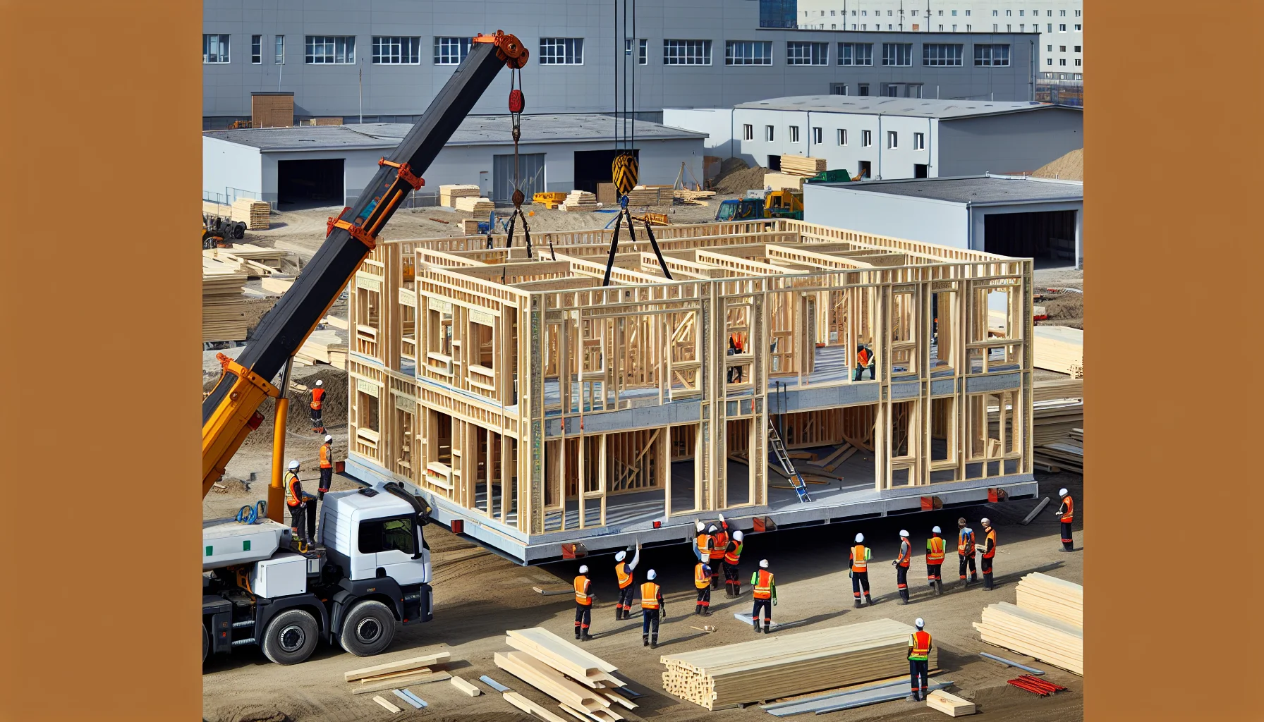 Montage eines Fertighauses auf der Baustelle mit Kran und Holzelementen