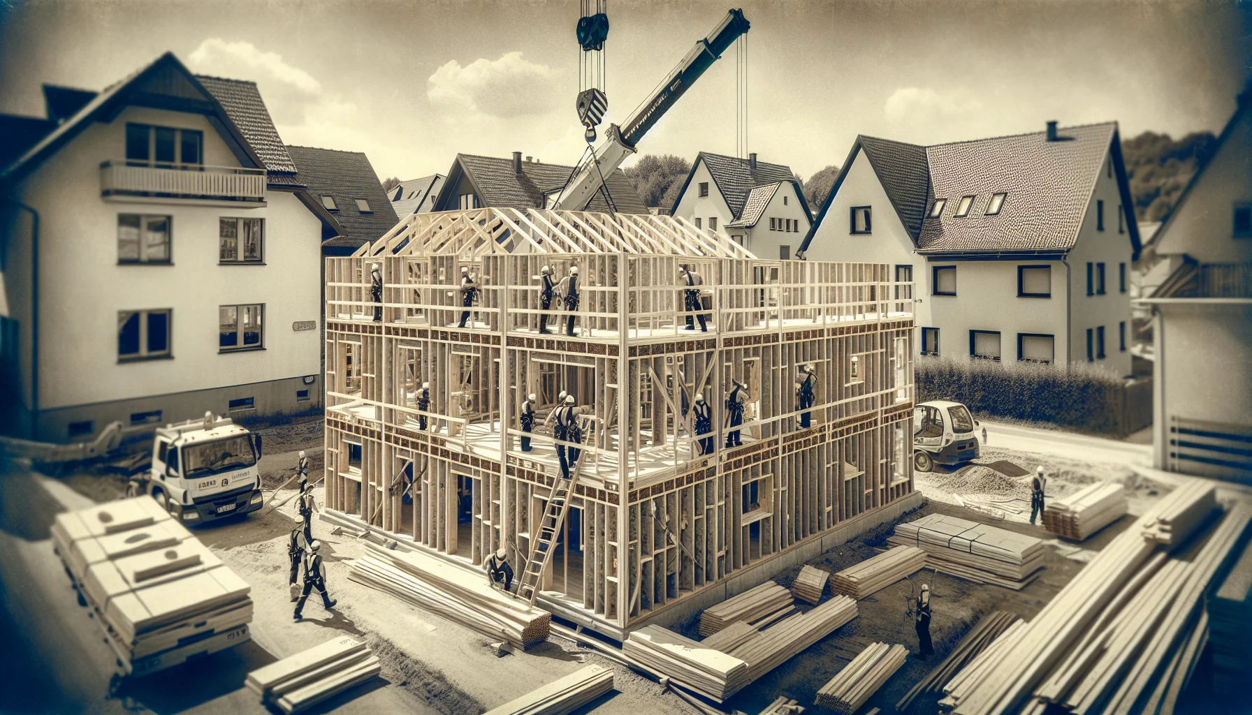 Montage eines Fertighauses mit Holzrahmen-Konstruktion durch Kran
