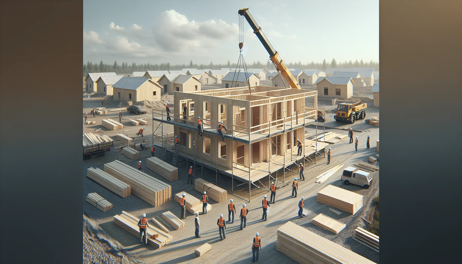 Montage eines Fertighauses mit Kran und vorgefertigten Wandelementen auf der Baustelle