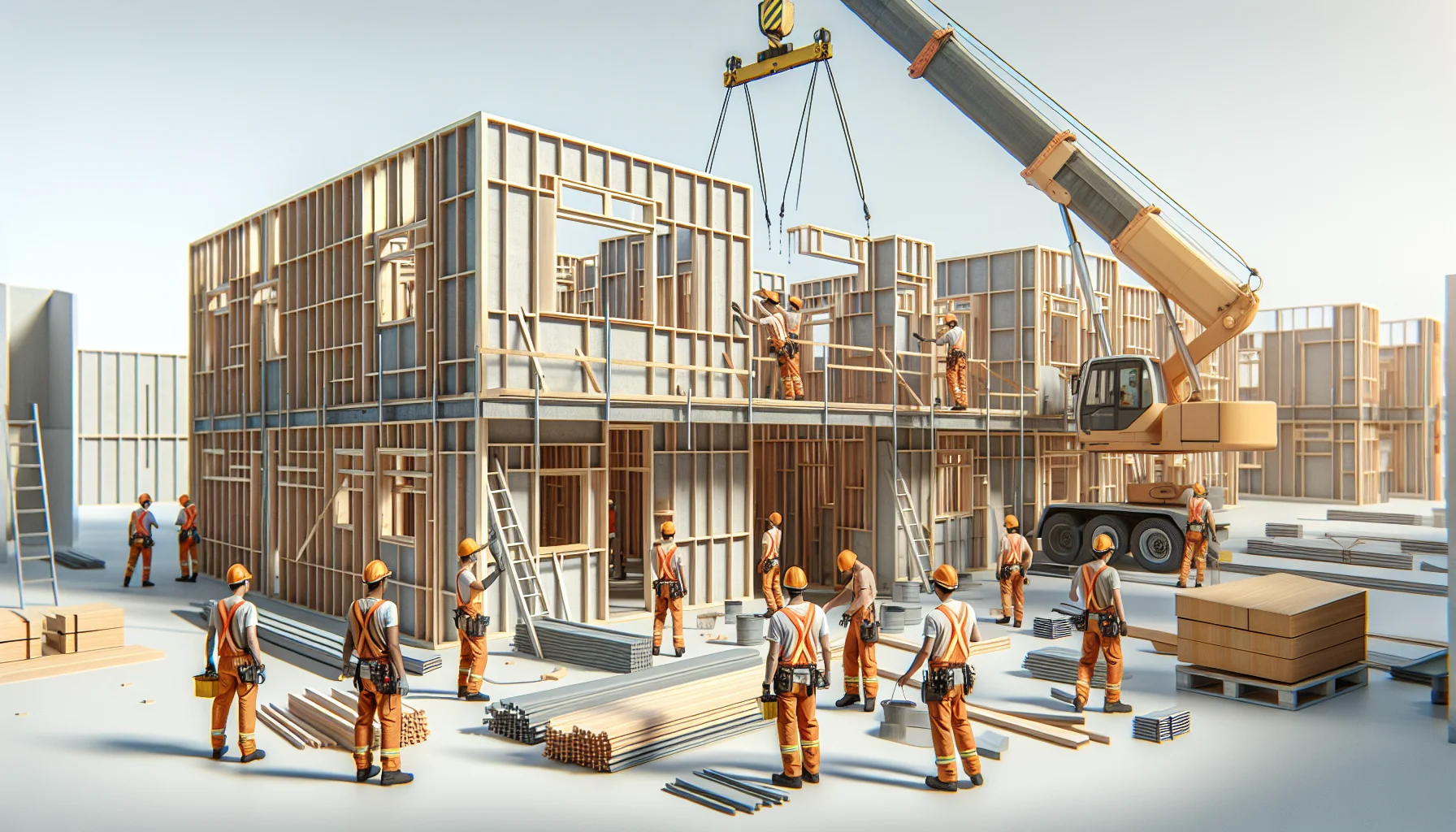 Montage von Fertighaus-Wandelementen auf Baustelle