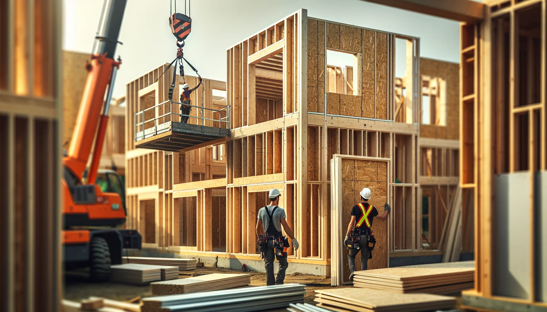 Montage von Fertighaus-Wandelementen auf der Baustelle