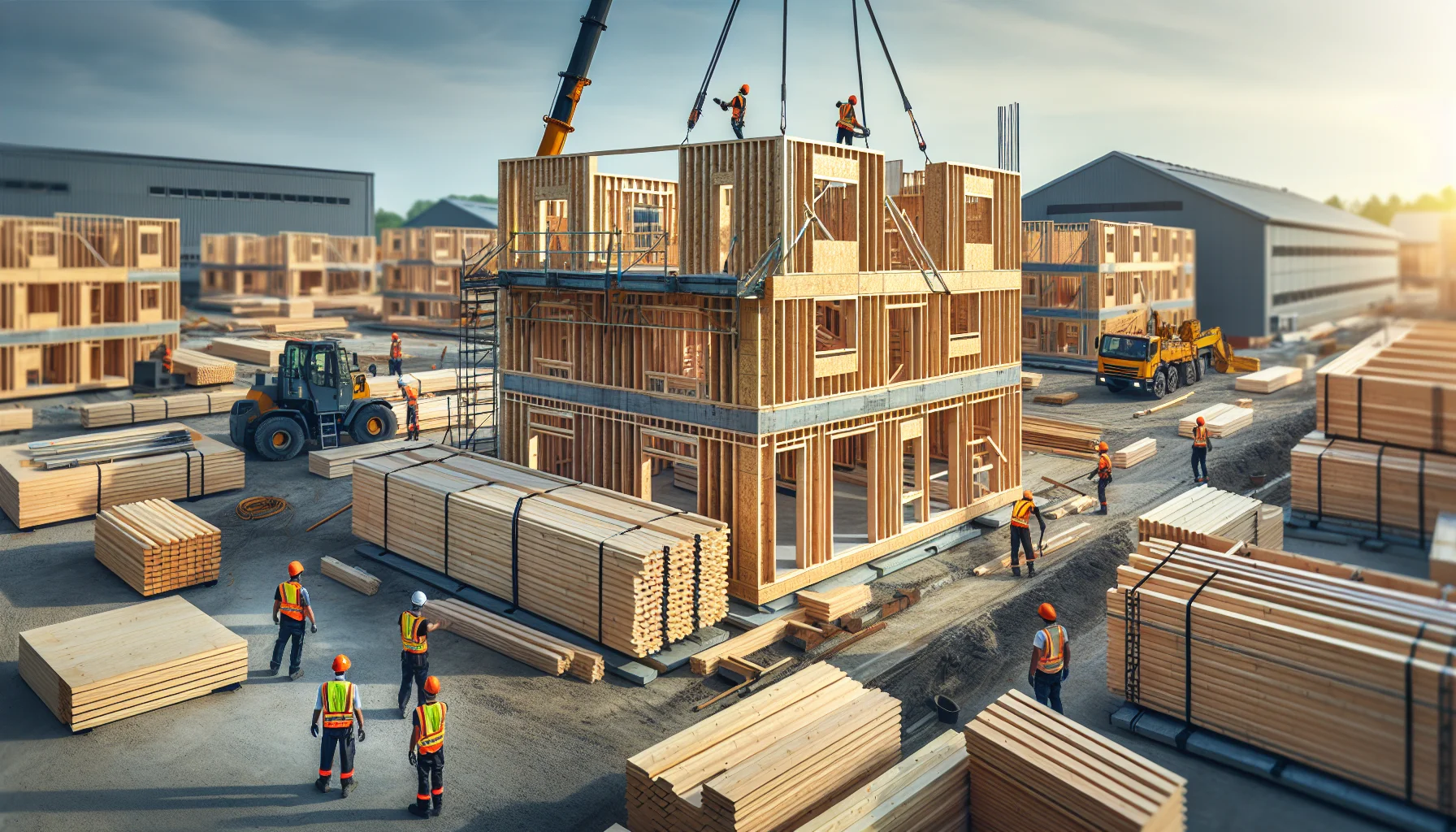Montage von Fertighaus-Wandelementen auf einer Baustelle in Ludwigsburg