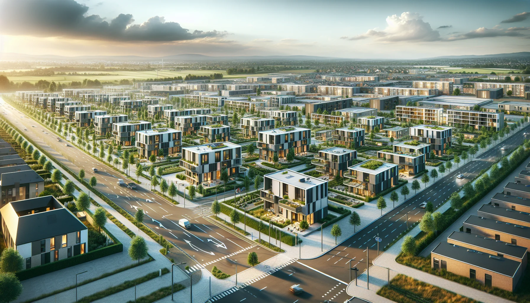 Neubaugebiet in Darmstadt mit mehreren fertigen Fertighäusern aus der Vogelperspektive