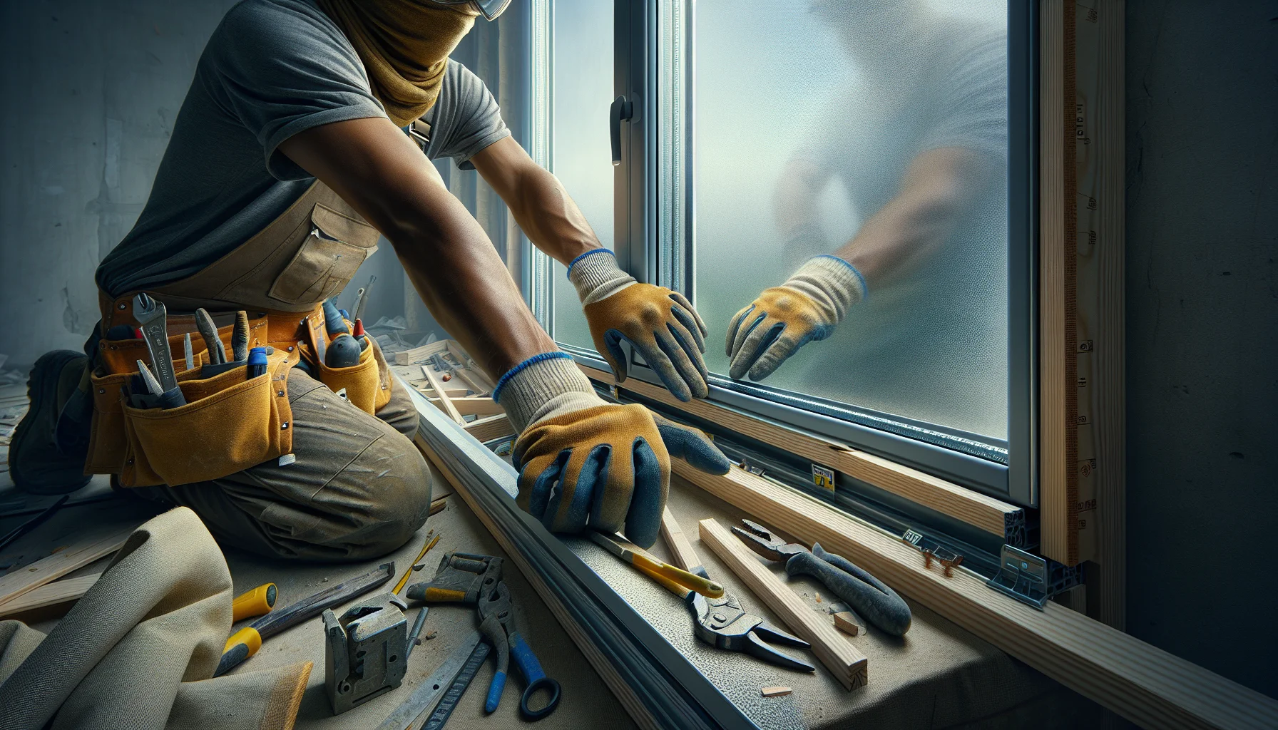 Professionelle Fensterinstallation - Handwerker beim Fenster erneuern
