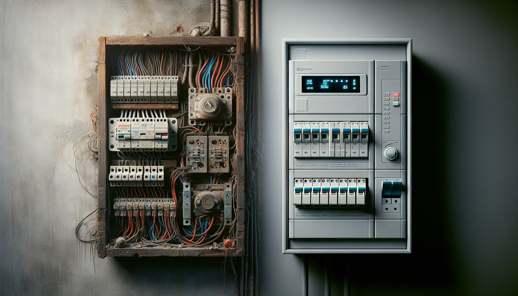 Vergleich zwischen alter und neuer Elektroinstallation - Sicherungskasten vorher und nachher