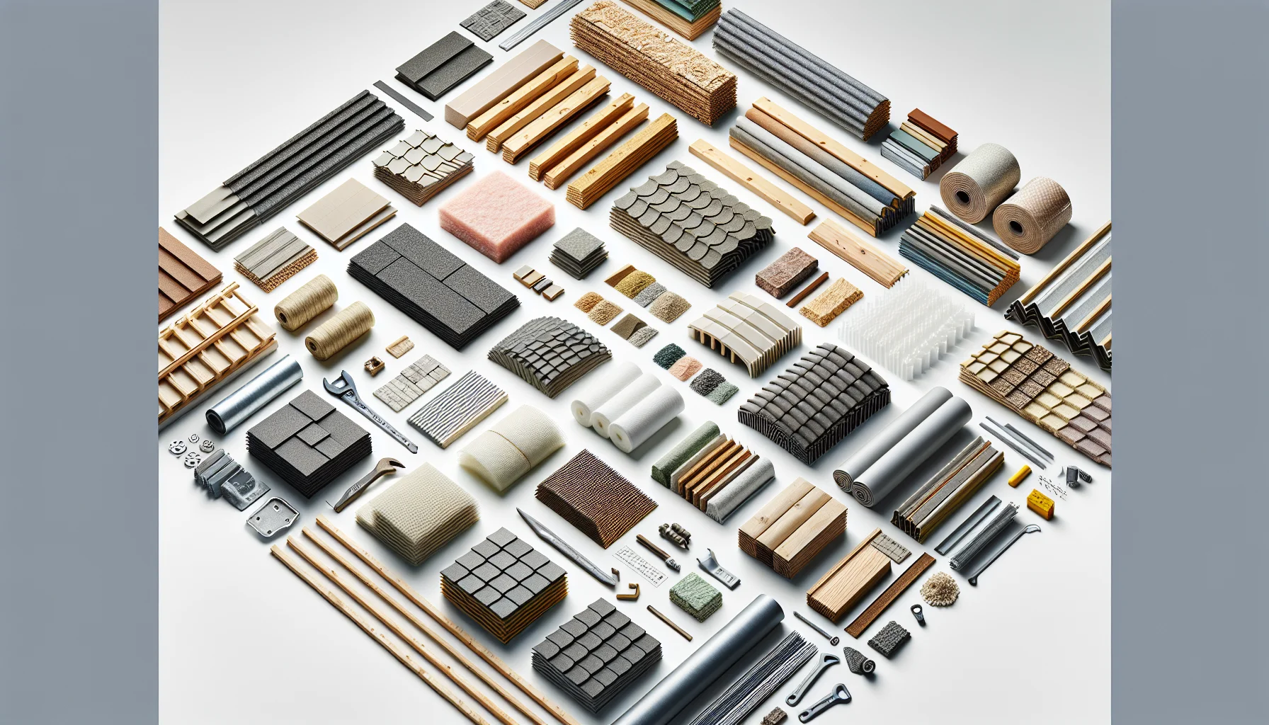 Verschiedene Dachmaterialien wie Ziegel, Dämmung und Holzbalken im Vergleich