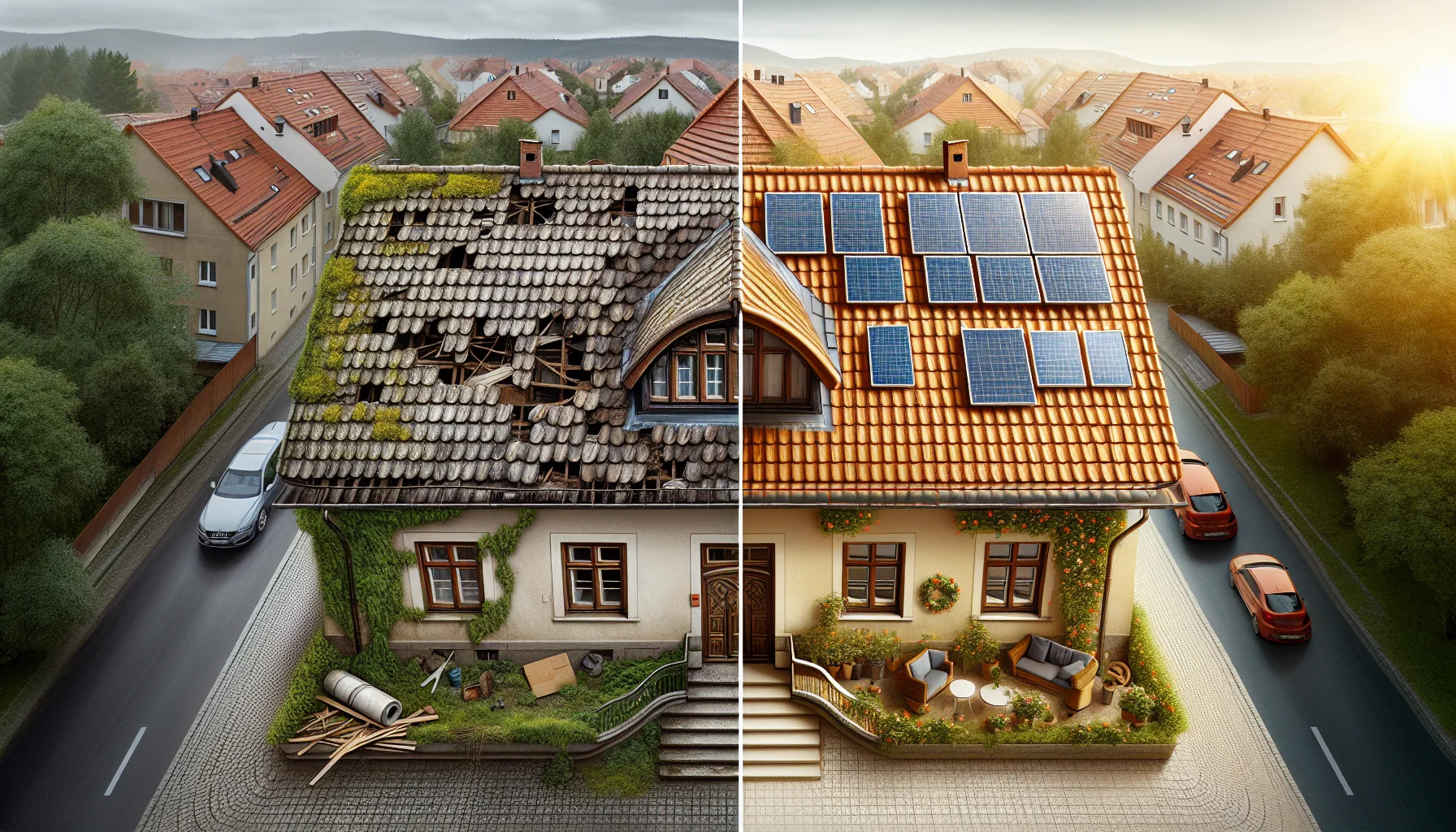 Vorher-Nachher Vergleich einer erfolgreichen Dachsanierung in Stuttgart