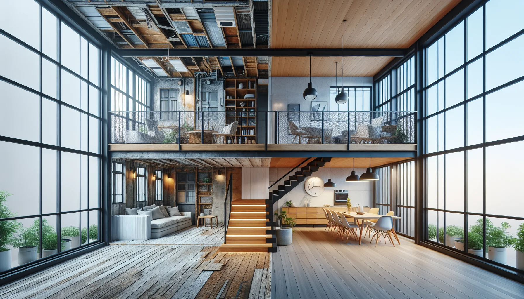 Vorher-Nachher Vergleich eines kernsanierten Hauses mit modernem Innenausbau