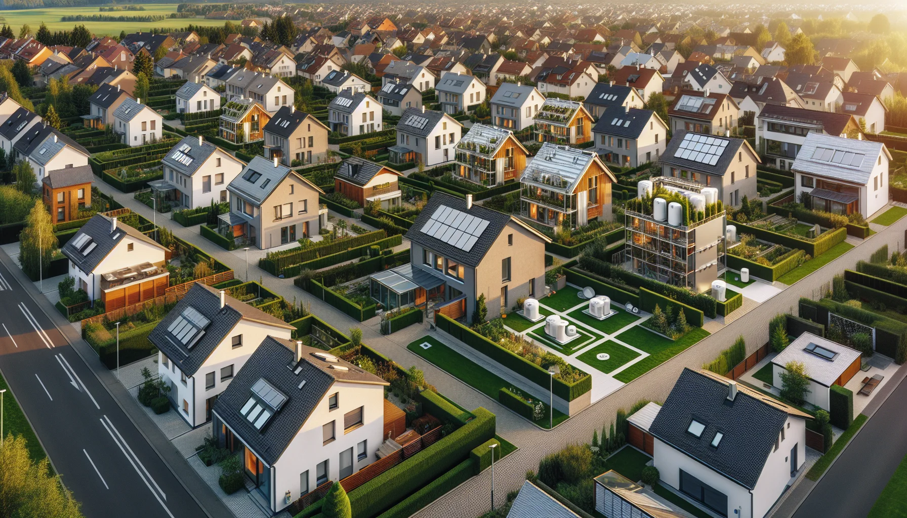 Wohngebiet mit verschiedenen Heizungssystemen - Überblick über moderne Heizlösungen