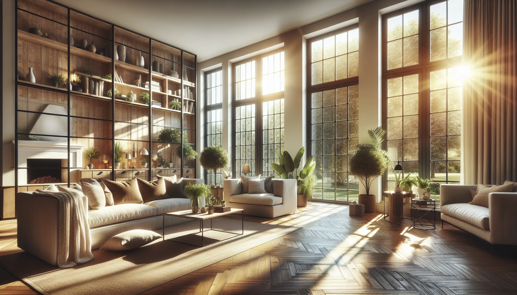 Wohnzimmer mit neuen energieeffizienten Fenstern nach der Erneuerung