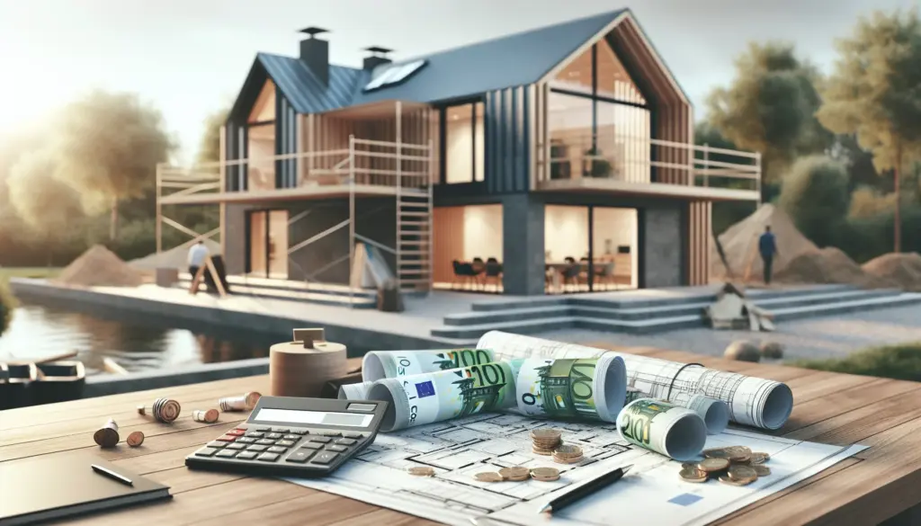 Baunebenkosten Kalkulation mit Taschenrechner und Bauplänen vor Hausbau
