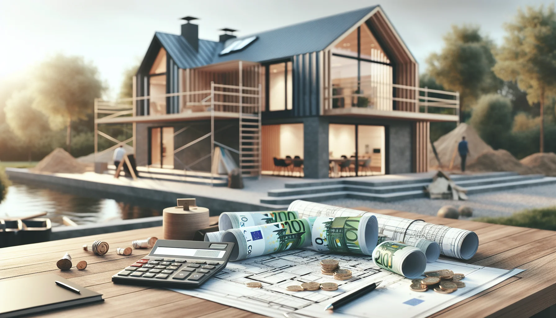 Baunebenkosten Kalkulation mit Taschenrechner und Bauplänen vor Hausbau