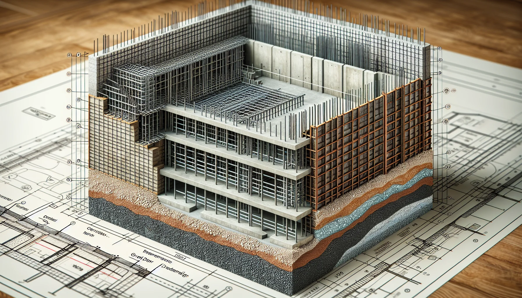 Detailansicht Kellerfundament mit Bewehrung und Abdichtung