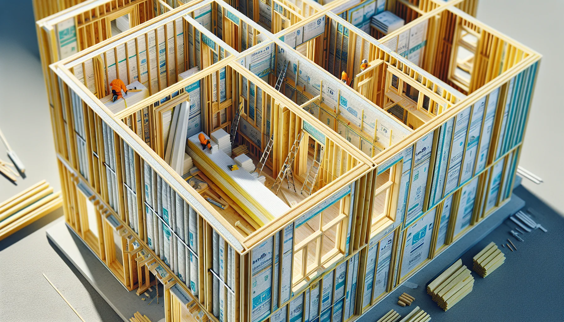 Detailaufnahme der Fertighaus Wandkonstruktion mit Dämmung