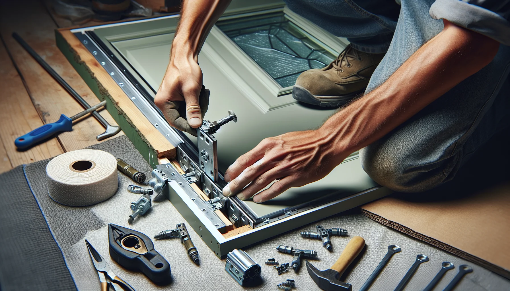 Detailaufnahme der professionellen Haustür-Installation mit Werkzeugen