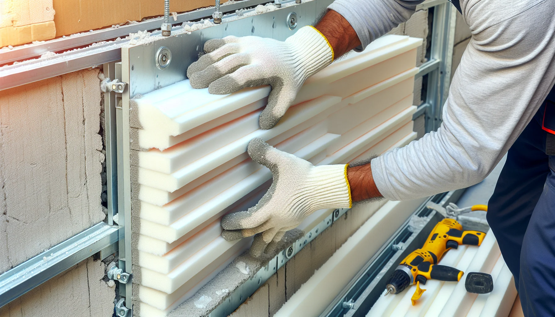 Detailaufnahme der Wärmedämmung bei Fassadensanierung