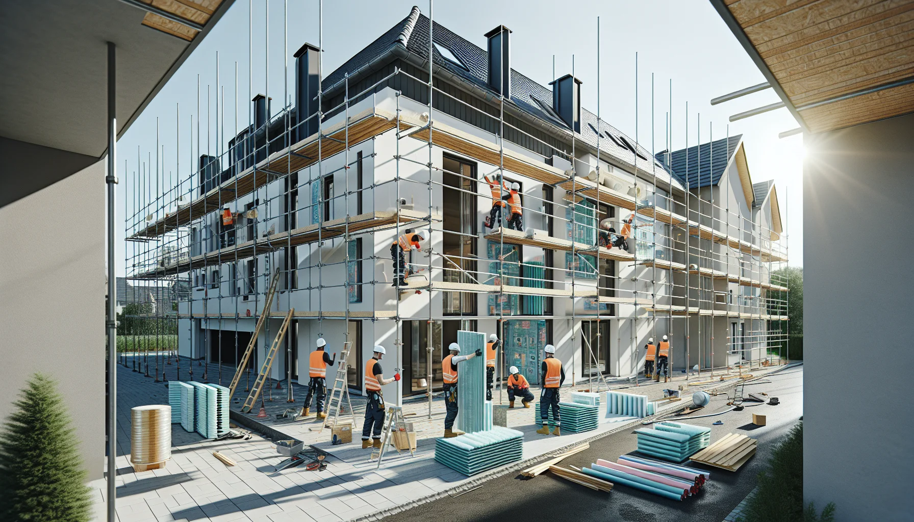 Fassadensanierung eines Wohnhauses mit Gerüst und Dämmarbeiten