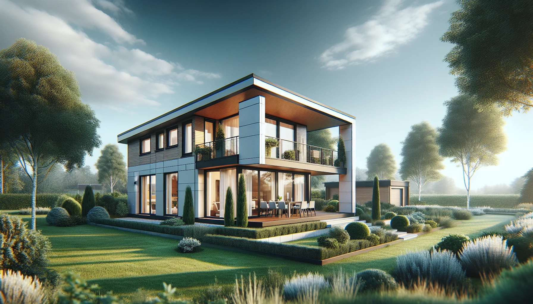 Fertiges Fertighaus mit gepflegtem Garten
