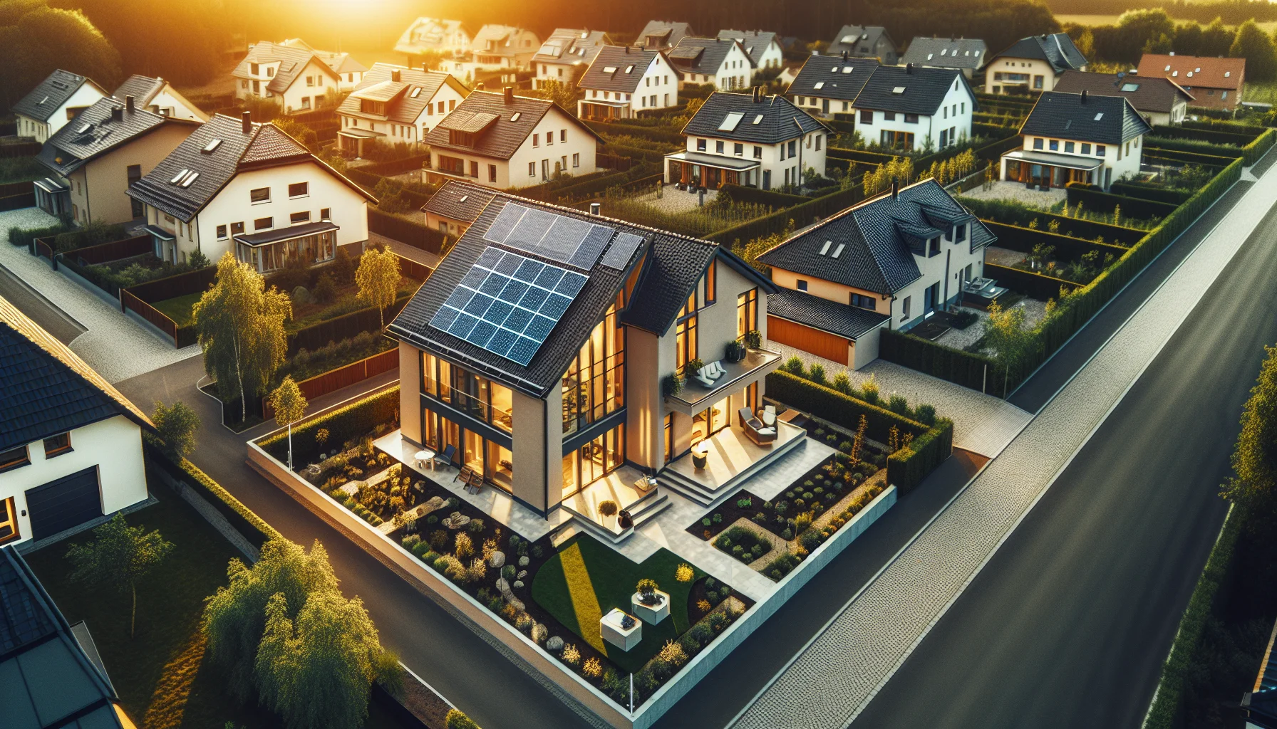 Fertiggestelltes modernes Einfamilienhaus mit Solarpanelen aus der Vogelperspektive