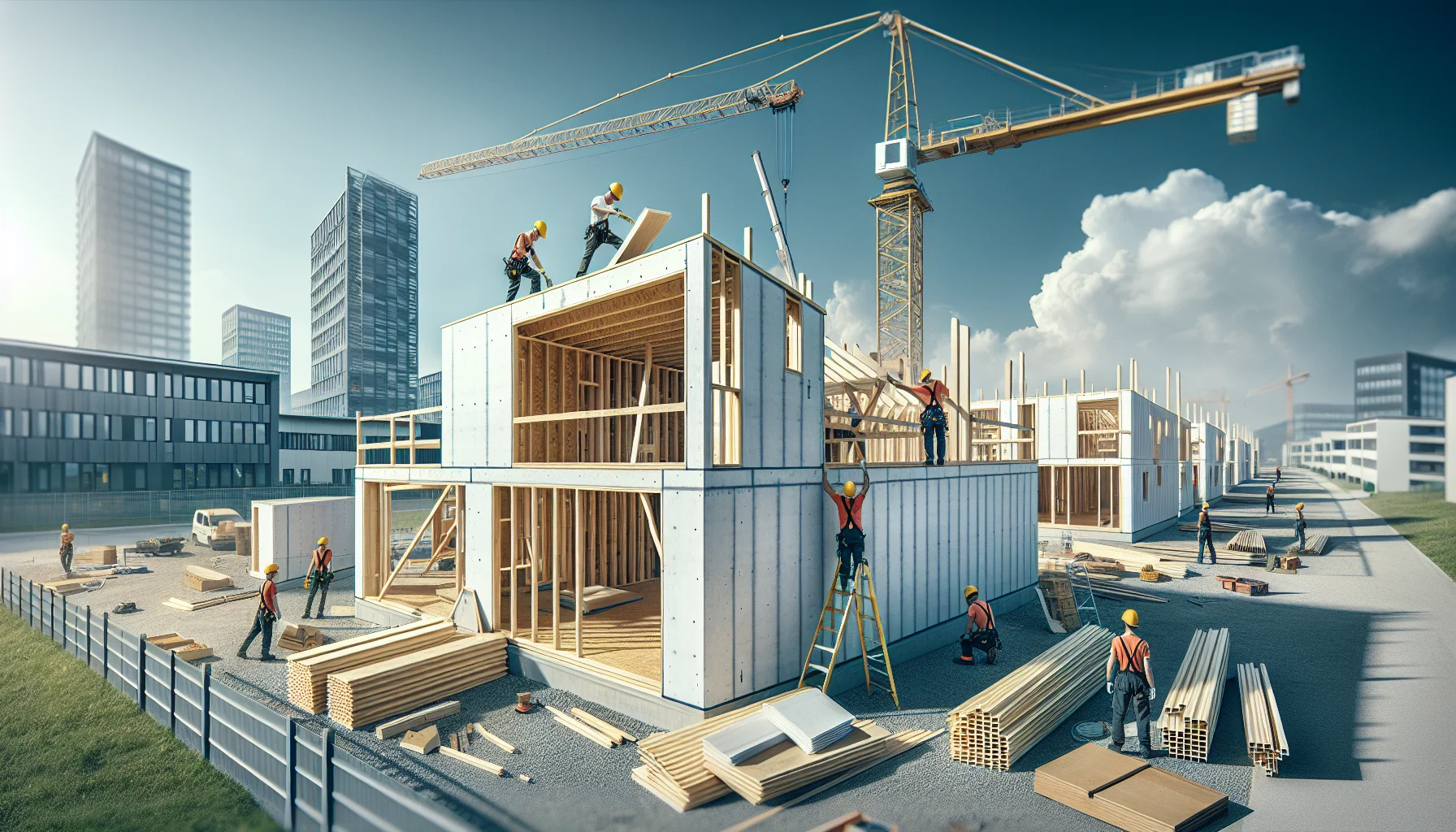 Fertighaus Baustelle mit Arbeitern beim Aufbau der Wandelemente