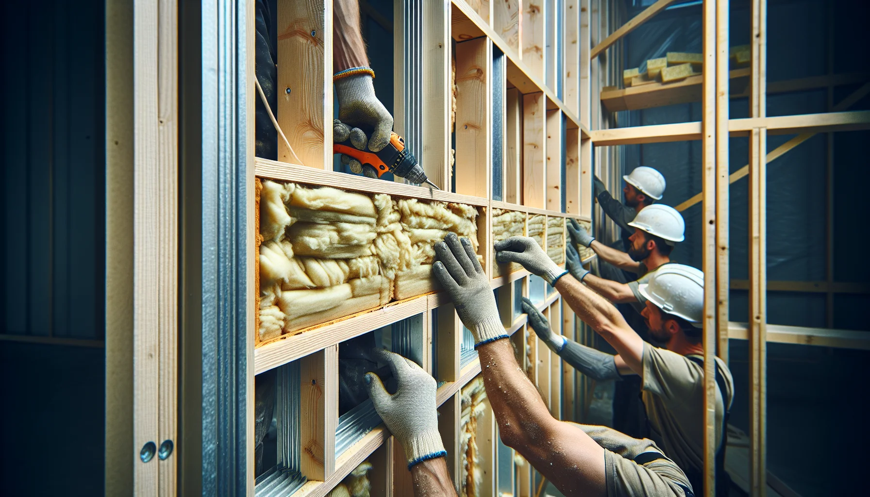 Fertighaus-Wandelemente mit Dämmung und Holzrahmen - Detailaufnahme der Montagetechnik