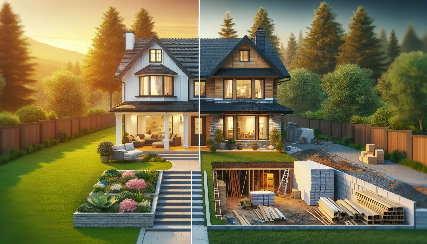 Gegenüberstellung fertiges Eigenheim und Baustelle - Ergebnis von Hauskauf versus Hausbau