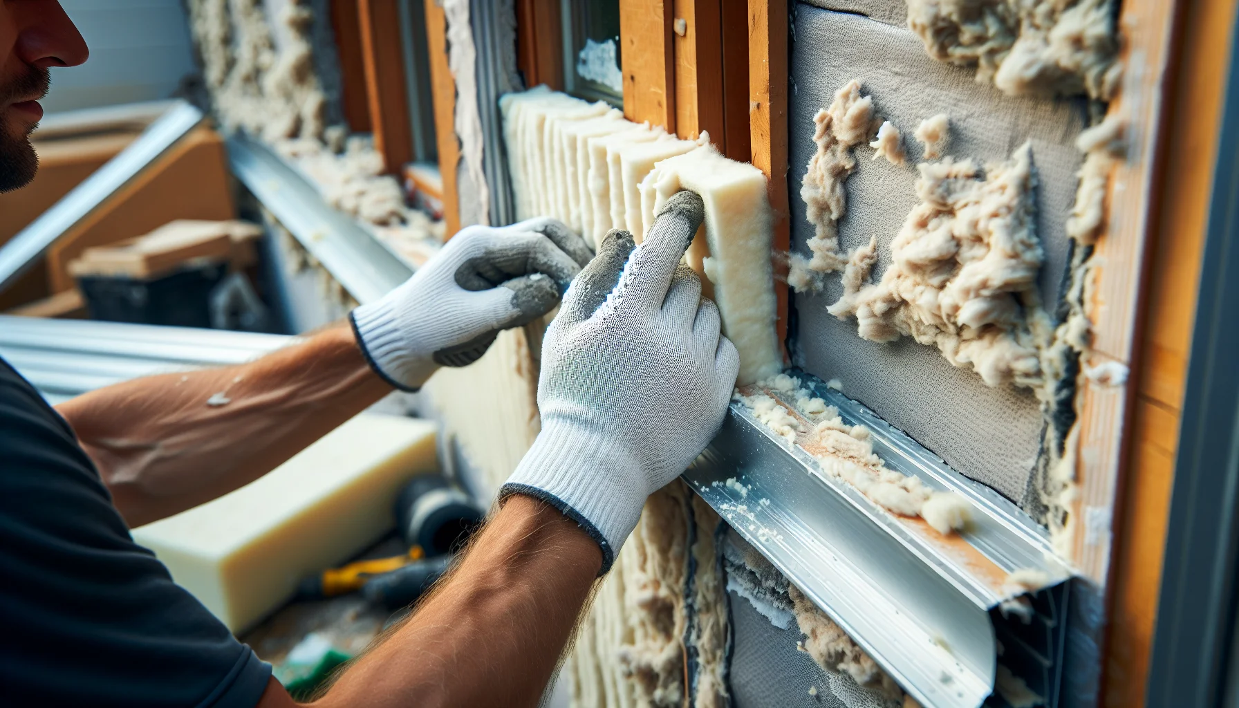 Installation von Wärmedämmung an Hauswand während energetischer Sanierung