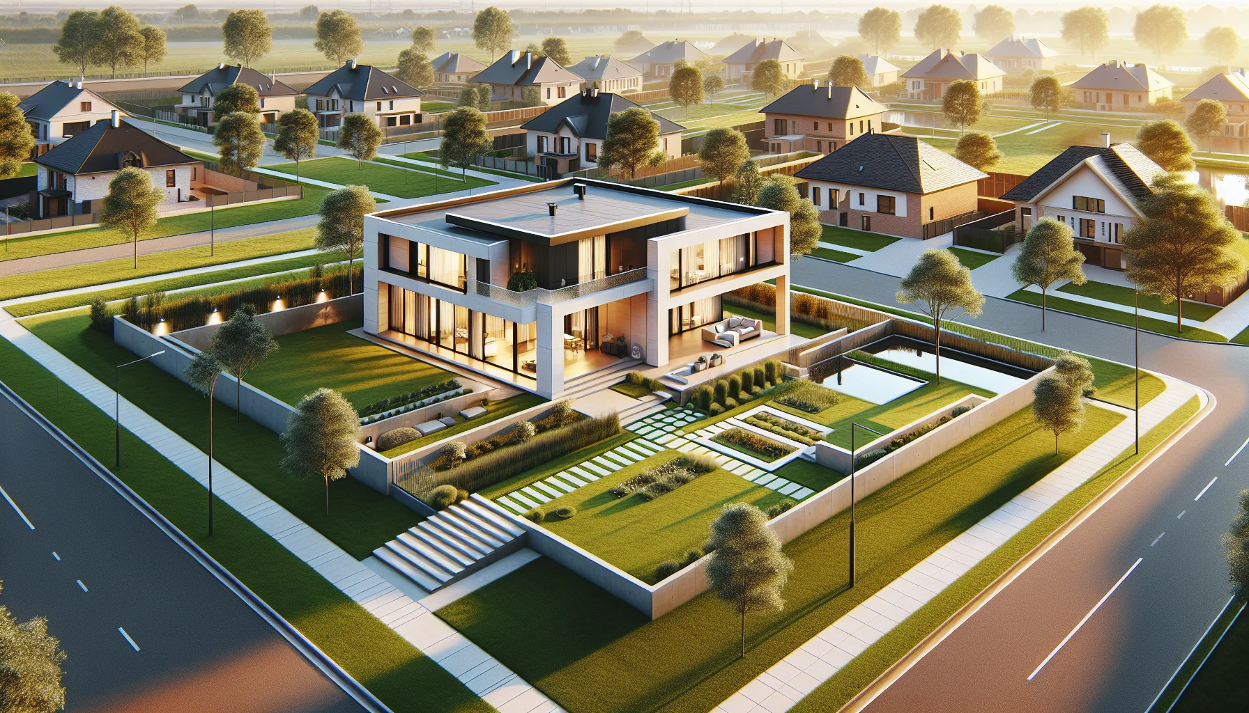 Modernes Einfamilienhaus aus der Vogelperspektive mit optimal geplantem Grundriss