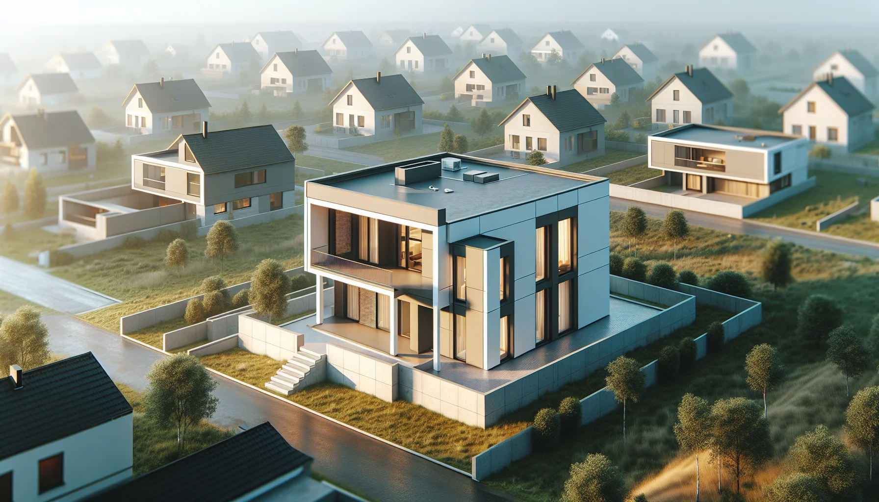 Modernes Fertighaus in Rastatt - Luftaufnahme einer Baustelle mit zeitgenössischem Einfamilienhaus