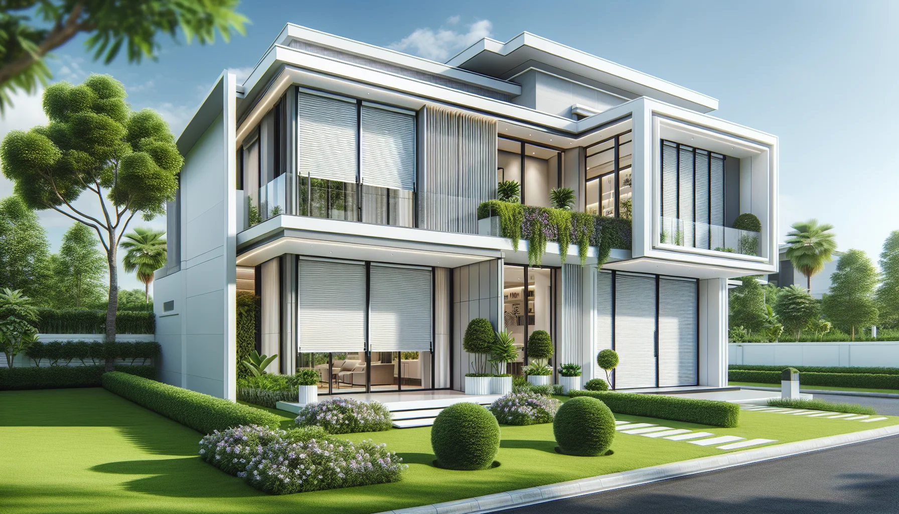 Modernes Haus mit nachgerüsteten elektrischen Rollläden an den Fenstern