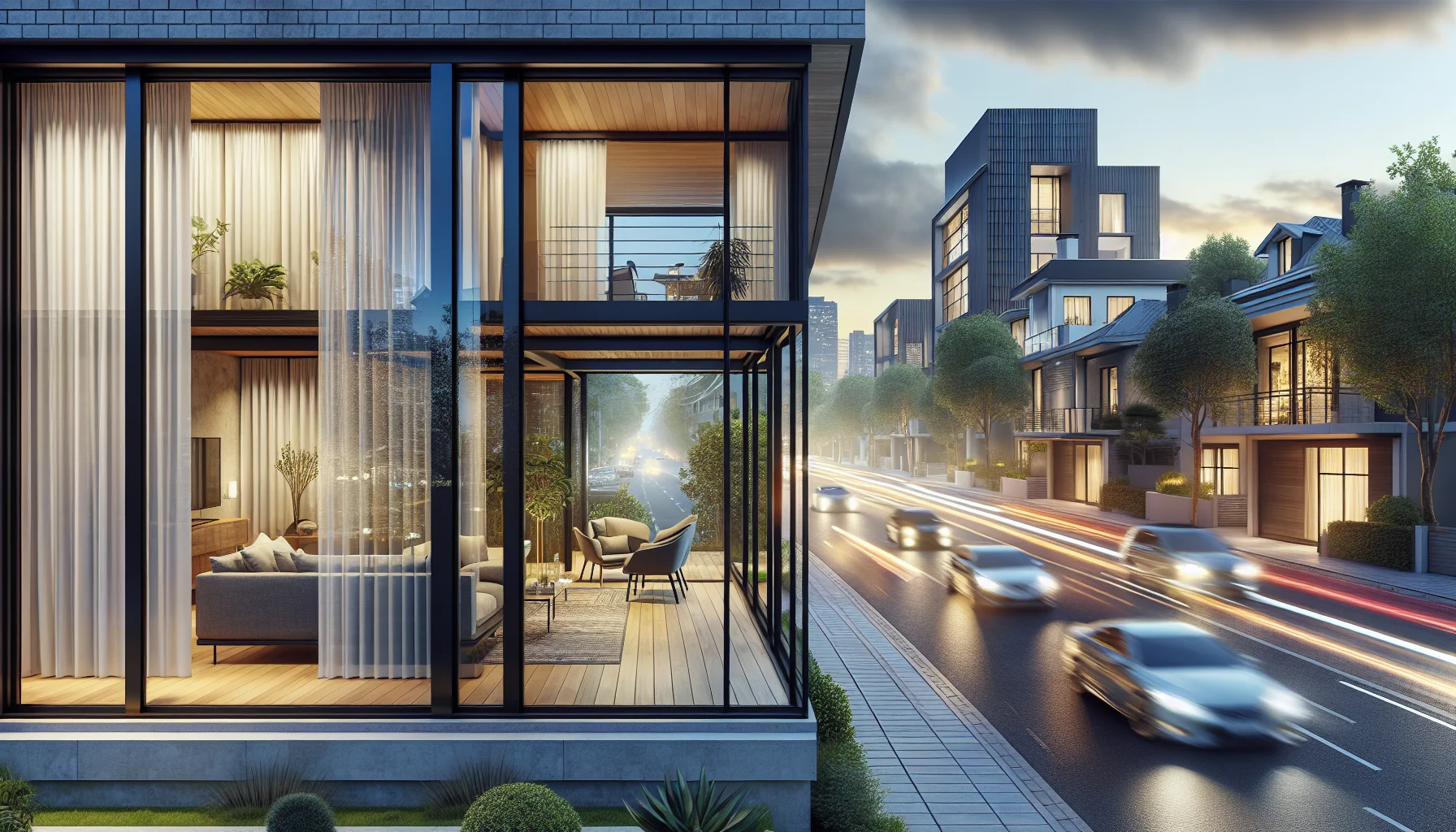 Modernes Haus mit Schallschutzfenstern an einer belebten Straße