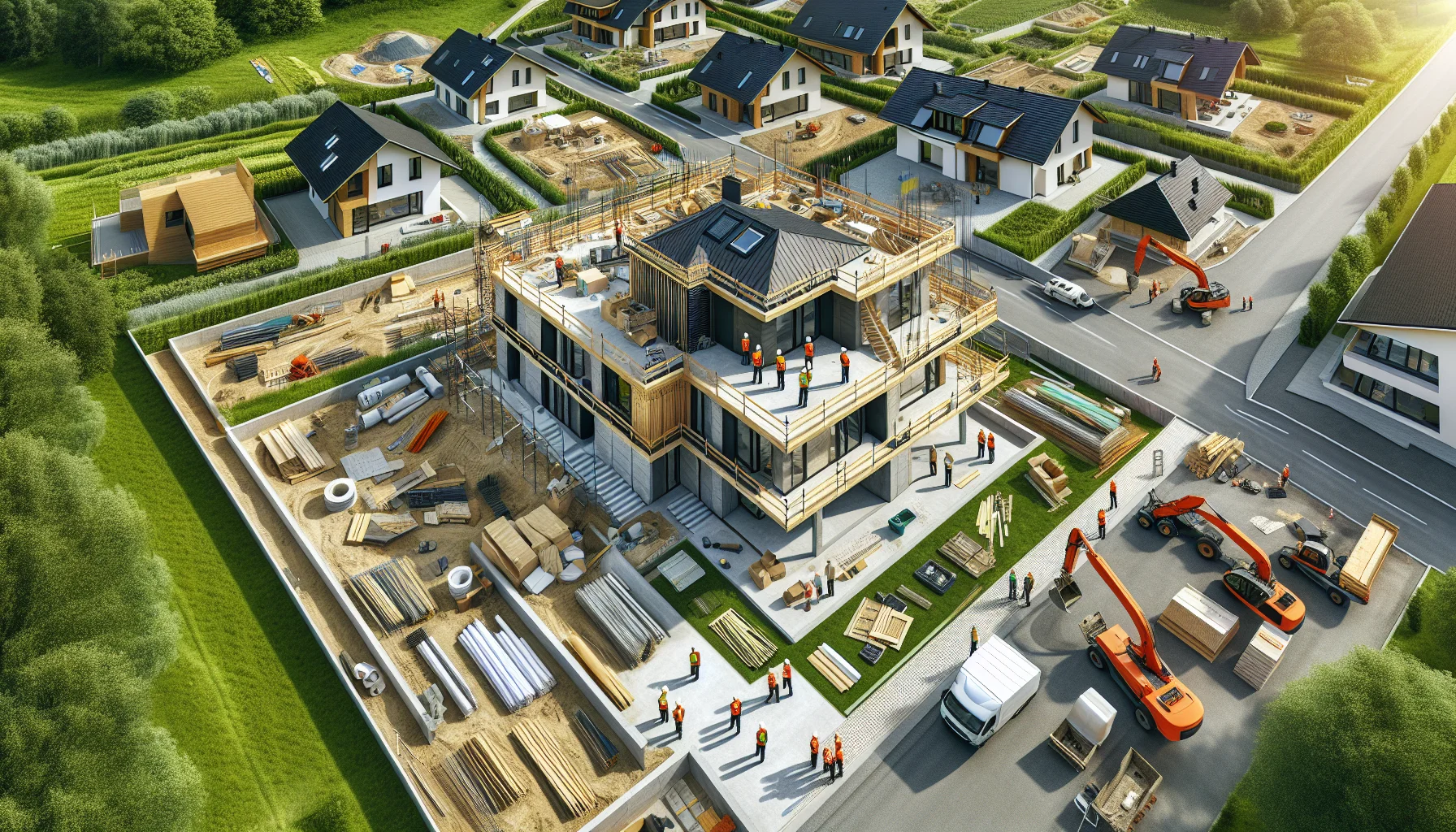 Schlüsselfertig bauen - Moderne Baustelle mit fast fertiggestelltem Einfamilienhaus