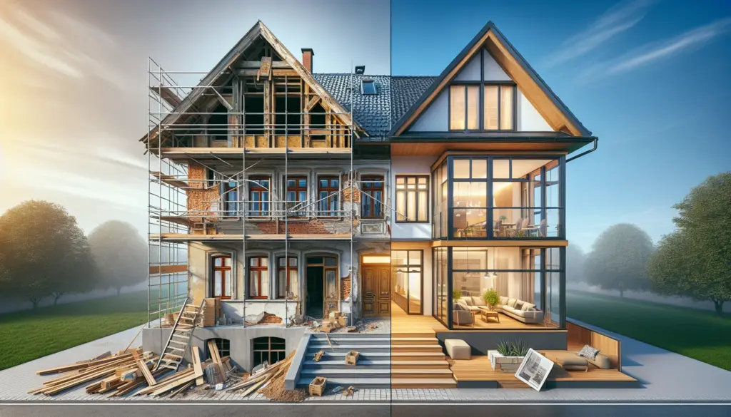 Vergleich zwischen Haussanierung und Neubau - geteilte Ansicht eines Hauses