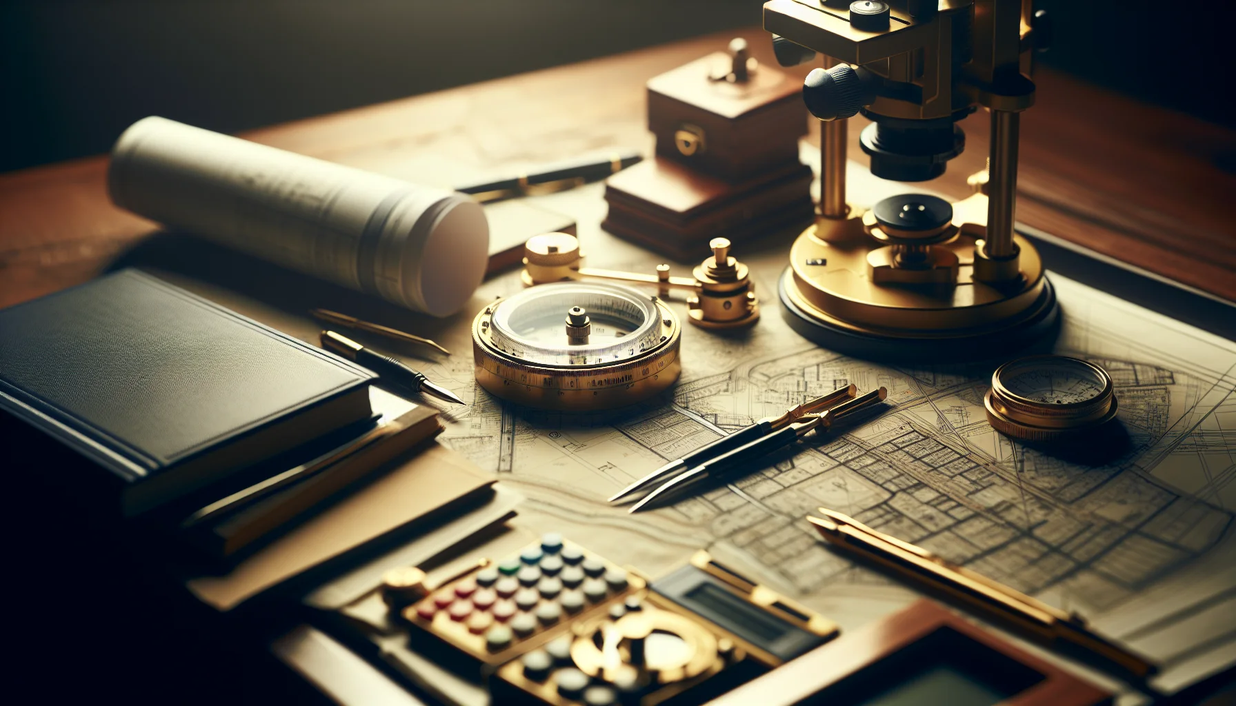 Vermessungsgeräte und Baupläne für Grundstückssuche