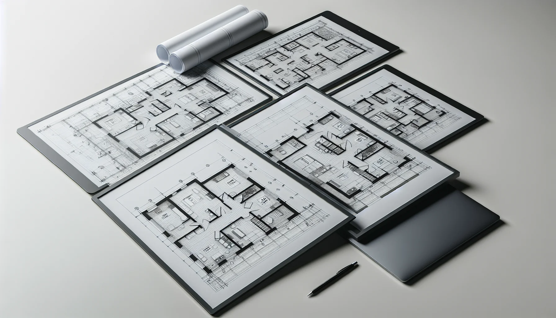 Verschiedene Grundrisse für Einfamilienhäuser zwischen 120-180 m² auf einem Schreibtisch