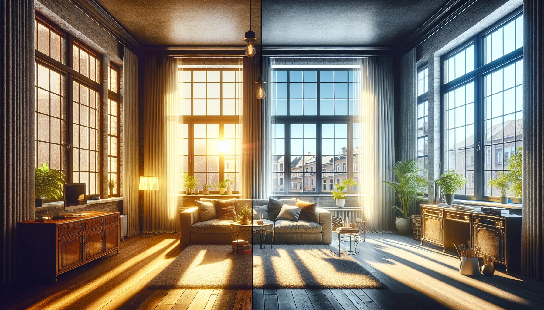 Vorher-Nachher Vergleich alte und neue energieeffiziente Fenster im Wohnraum