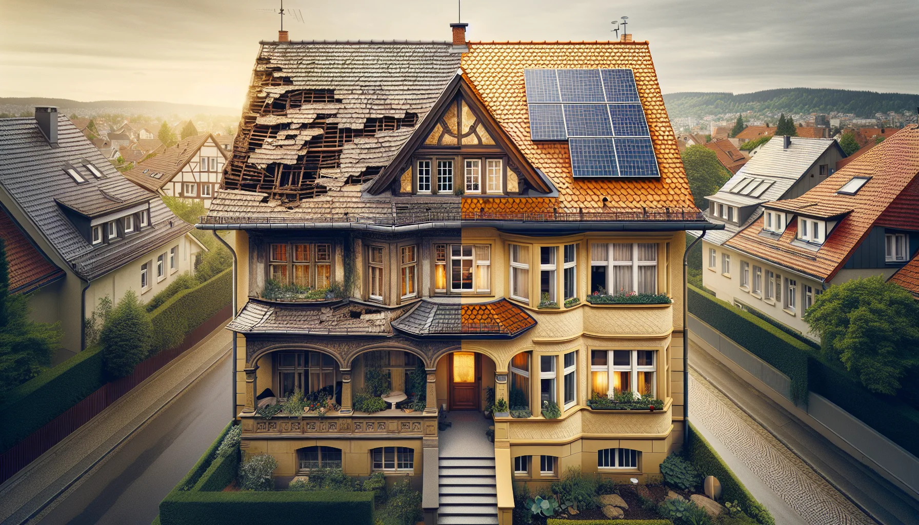 Vorher-Nachher Vergleich einer Dachsanierung in Stuttgart mit neuer Eindeckung