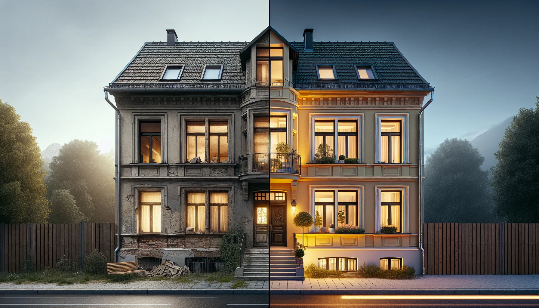 Vorher-Nachher Vergleich einer sanierten Hausfassade