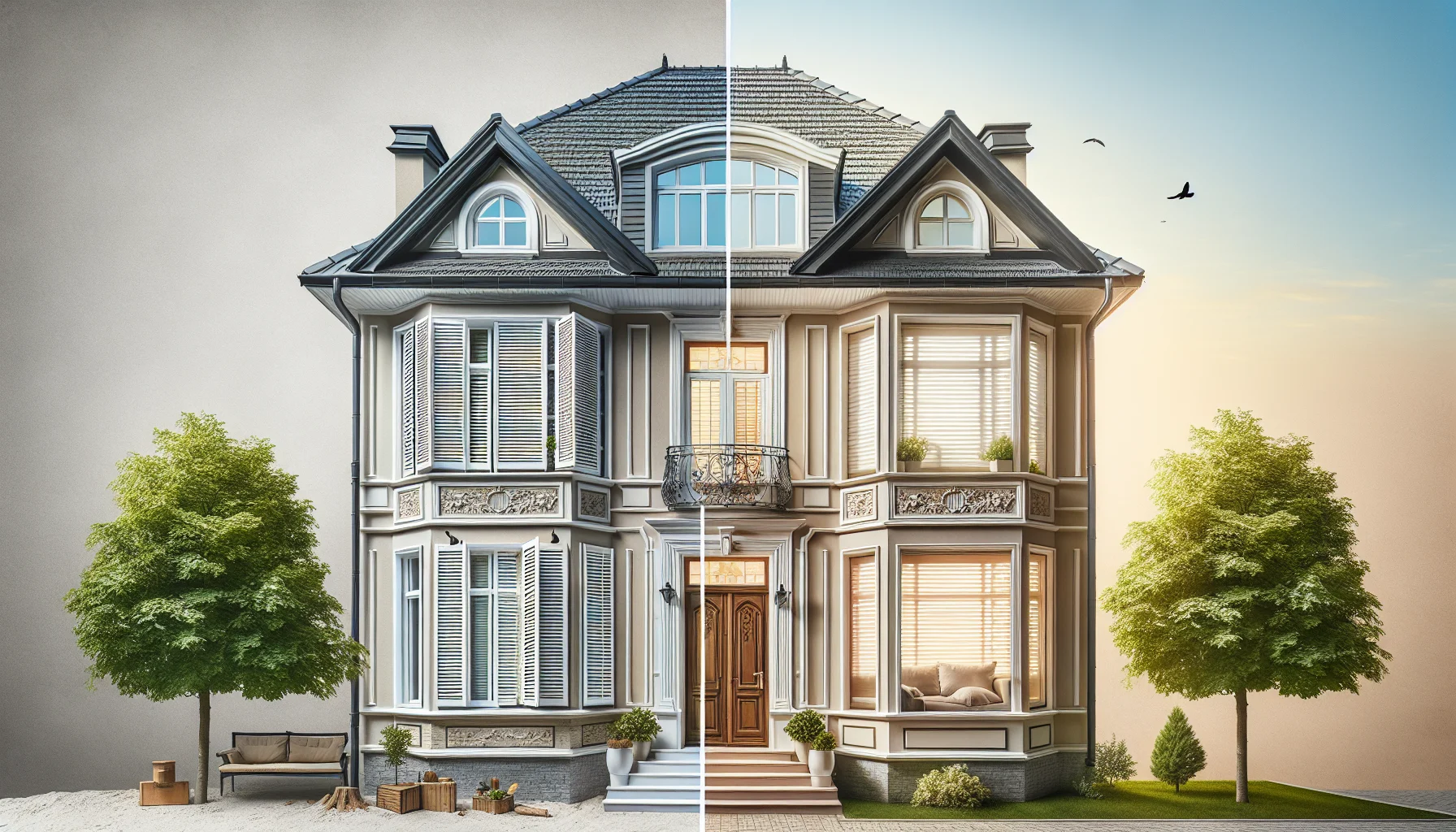 Vorher-Nachher-Vergleich eines Hauses mit und ohne Rollläden