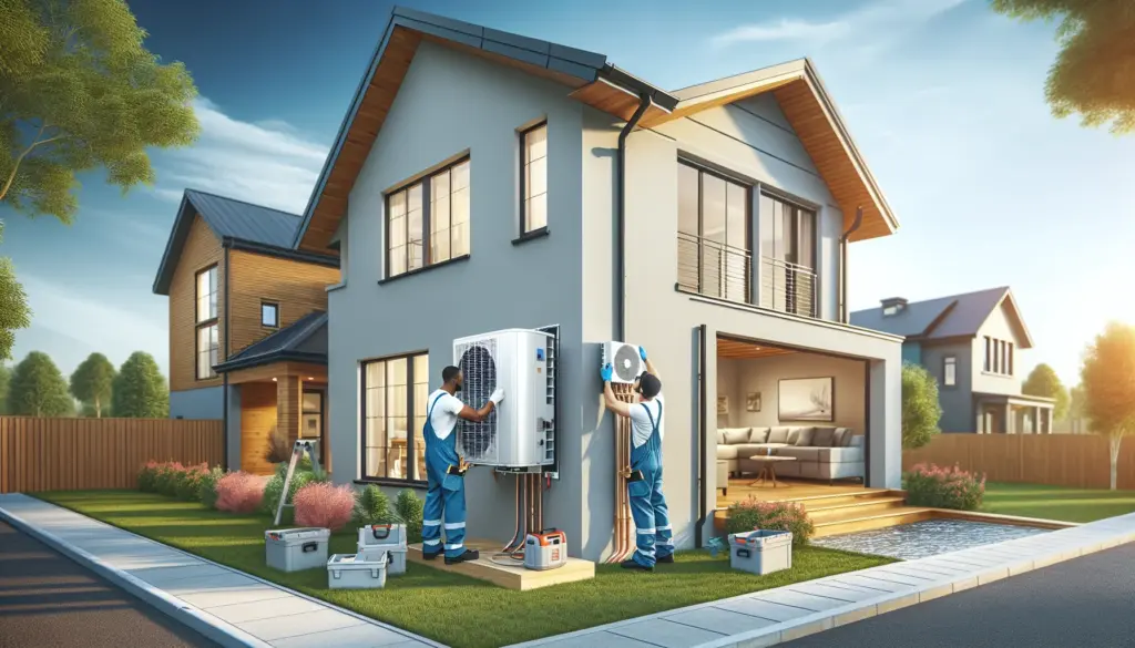 Wärmepumpe wird an modernem Einfamilienhaus nachgerüstet