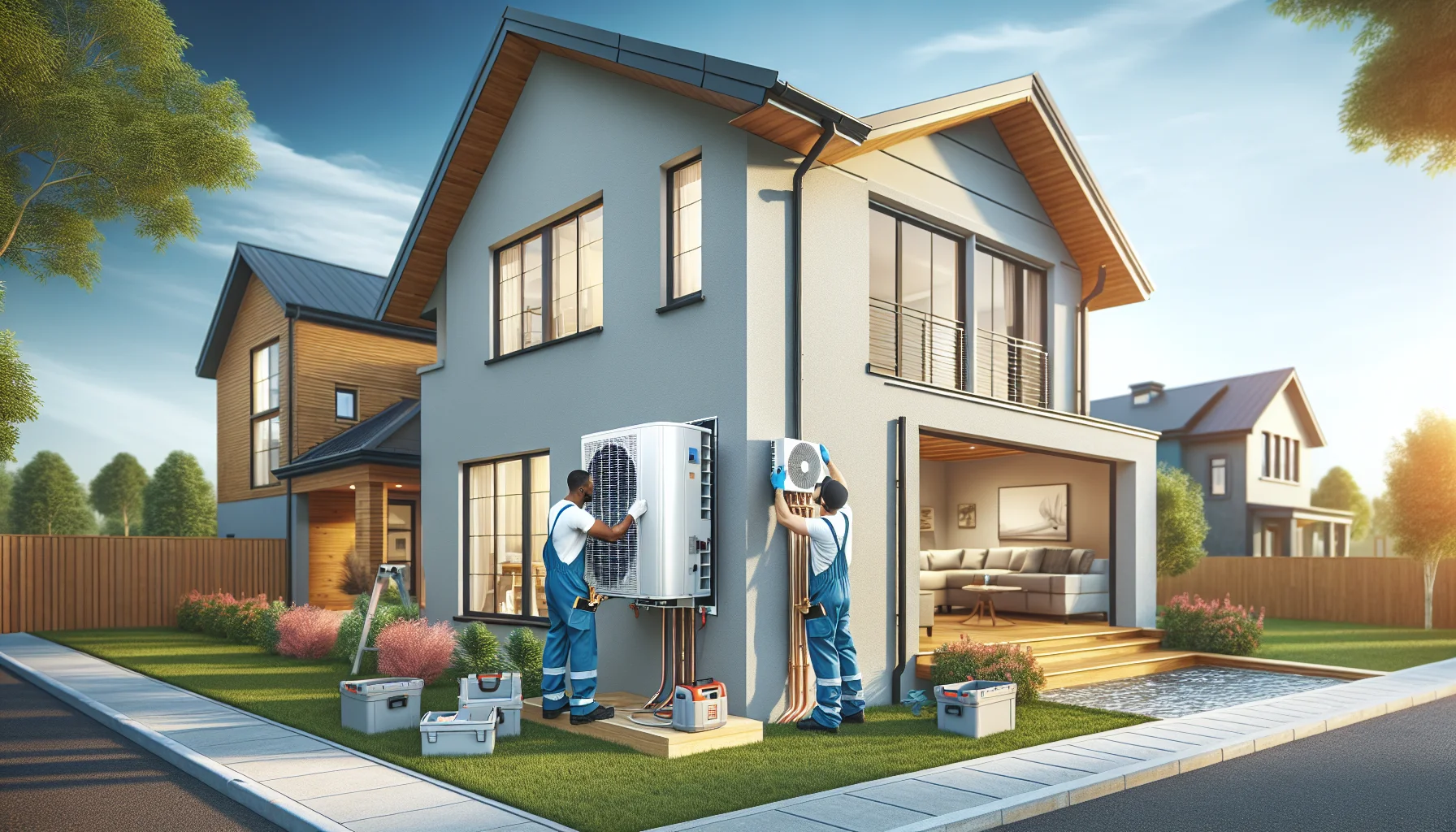 Wärmepumpe wird an modernem Einfamilienhaus nachgerüstet